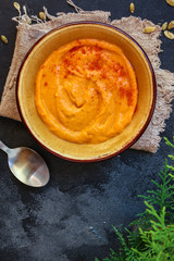 pumpkin soup (first course, delicious vegetable vitamin food) menu concept. food background. copy space. Top view