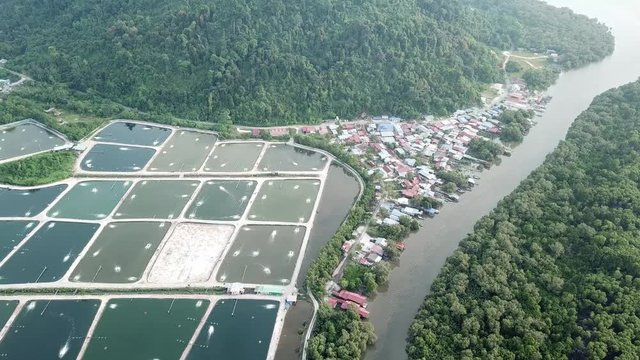 Aerial view fish farm nearby the forest and river at Kuala Juru, Penang.
