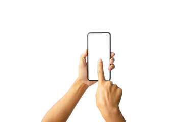 Holding a smartphone with a blank screen isolated on a white background with clipping paths.