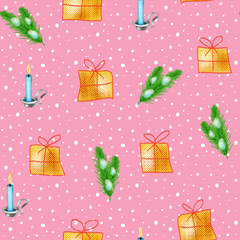 New year seamless pattern with gifts, candles and christmas tree branches.