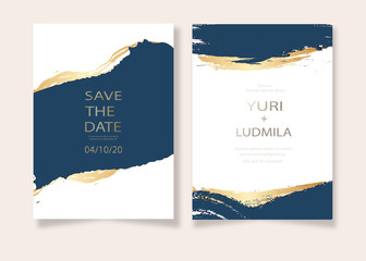 invitation cards with luxurious gold and dark blue marble background texture and abstract ocean style vector template for wedding, new year, events.