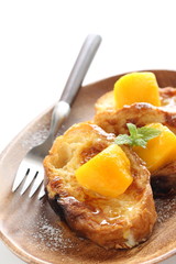 Mango and French toast with mint for gourmet breakfast image
