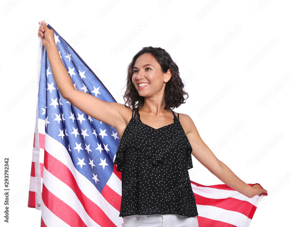 Wall mural happy young woman with american flag on white background