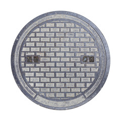 Rusty manhole cap, grunge manhole cover, round, isolated on white background with clipping path.