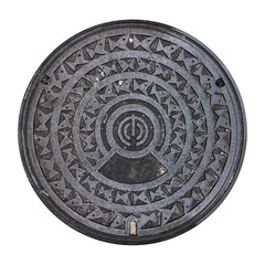 Rusty manhole cap, grunge manhole cover, round, isolated on white background with clipping path.