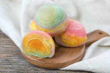 Chinese Pastry or moon cake stuffed with salted egg yolk on wood plate