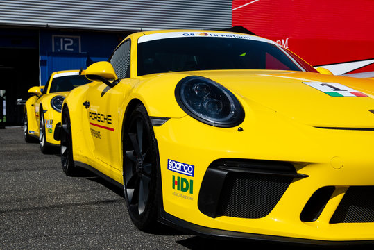 Vallelunga, Italy September 14 2019. Couple Of Yellow Porsche Carrera