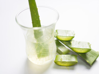 aloe vera star cactus slide and vera gel Isolated on a black wooden background.