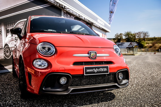 Vallelunga, Rome, Italy. June 24 2017. Red Fiat Abarth 595 front close up