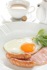 Homemade sausage and sunny side up fried egg with ham