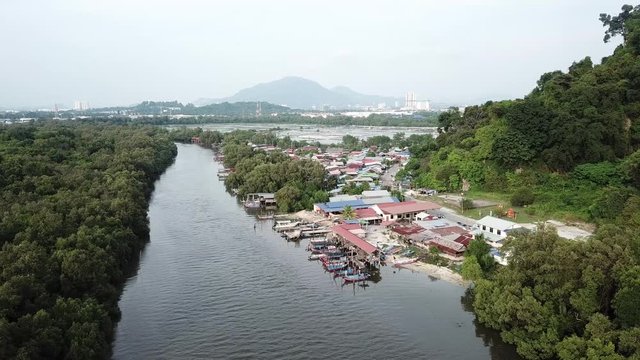 Fly towards Malays fishing village at Kuala Juru, Penang.