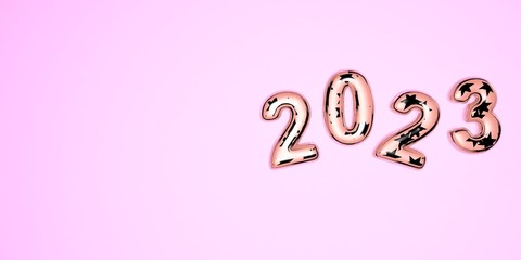 Happy New Year 2023. 3D festive illustration of pink colored glass numbers and silver stars on a pink background of numbers 2023. Realistic 3d sign. Holiday poster or banner design.