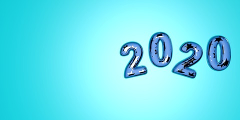Happy New Year 2020. Festive 3D illustration of numbers of colored glass of blue and silver stars on a blue background of numbers 2020. Realistic 3d sign. Holiday poster or banner design.