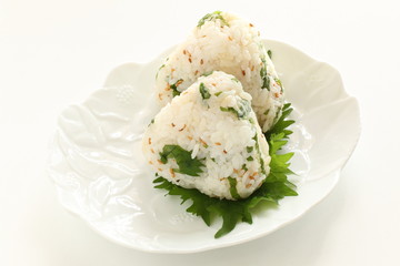 Japanese food, shirasu sardine fish and herbal shiso mixed sesame rice ball