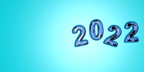 Happy New Year 2022. Festive 3D illustration of numbers of colored glass of blue and silver stars on a blue background of numbers 2022. Realistic 3d sign. Holiday poster or banner design.