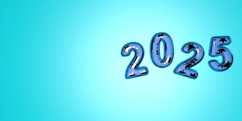 Happy New Year 2025. Festive 3D illustration of numbers of colored glass of blue and silver stars on a blue background of numbers 2025. Realistic 3d sign. Holiday poster or banner design.