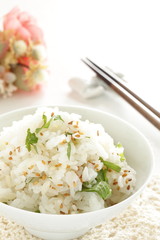 Japanese food, shirasu sardine fish and herbal shiso mixed sesame rice