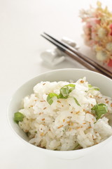 Japanese food, shirasu sardine fish and herbal shiso mixed sesame rice