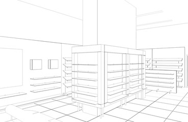 shopping mall, contour visualization, 3D illustration, sketch, outline