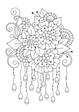 Coloring book for adult and older children. Black and white abstract floral pattern. Design for meditation. The image can be used in design and printing on fabric