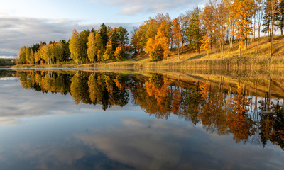 wonderful autumn landscape with gorgeous and colorful trees by the water, beautiful reflections in the water