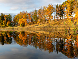 wonderful autumn landscape with gorgeous and colorful trees by the water, beautiful reflections in the water