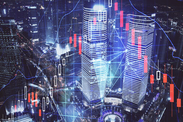 Financial chart on city scape with tall buildings background multi exposure. Analysis concept.