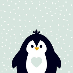 Cute penguin with heart on blue background. Vector
