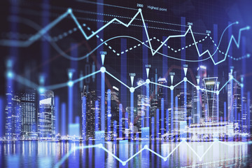 Financial chart on city scape with tall buildings background multi exposure. Analysis concept.