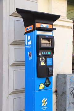 GOTHENBURG, SWEDEN - AUGUST 26, 2018: Parking meter machine in Gothenburg, Sweden. Gothenburg is the 2nd largest city in Sweden with 1 million inhabitants in the metropolitan area.