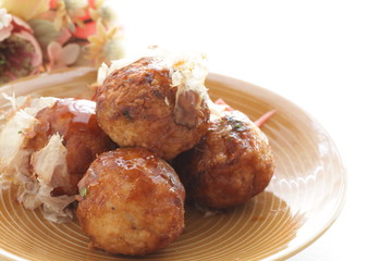 Japanese food, octopus ball Takoyaki and fish flake Katsuobushi