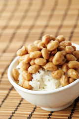Natto, fermented soy beans with steamed rice 