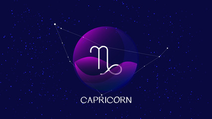 Capricorn sign background. Beautiful and simple illustration of night, starry sky with capricorn zodiac constellation behind glass sphere with encapsulated capricorn sign and constellation name. 