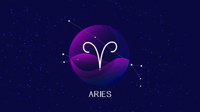 Aries sign, zodiac background. Beautiful and simple illustration of night, starry sky with aries zodiac constellation behind glass sphere with encapsulated aries sign and constellation name. 