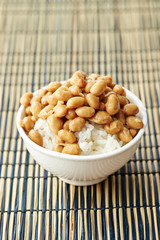 Natto, fermented soy beans with steamed rice 