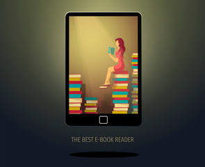 Poster design for bookstore, book lovers, e-book reader. Electronic reader and woman sitting on the pile of books on the screen. Vector illustration for poster, banner, presentation, cover, brochure.