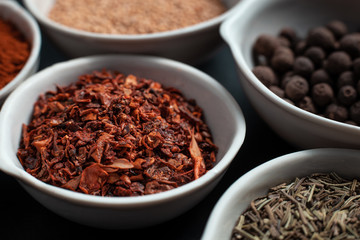 Paprika, mustard, caraway seeds and a mixture of peppers in white ceramic bowls next to the mortar isolated on black background