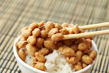 Natto, fermented soy beans with steamed rice 