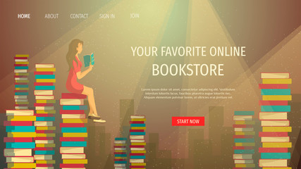 Web page design for bookstore, online library, book lovers, bibliophiles. Piles of books and Woman reading book. Vector illustration for poster, banner and website development.