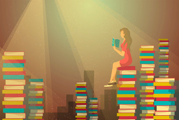 Bookstore, library, book lovers, bibliophiles concept. Piles of books and Woman reading book. Vector illustration for poster, banner, card, cover, brochure.