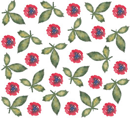 Seamless pattern of watercolor red flower green leaves on a white background. Use for invitations, greetings, birthdays and weddings