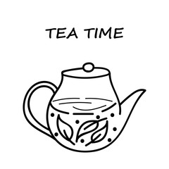 Tea time. Inspirational quote for social media and cards. Cozyness, relax and comfort. Black teapot isolated on white background