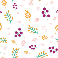 Abstract autumn doodle berries and leaves seamless vector pattern purple orange pink. Flowers and leaves repeating background in fall colors. For surface design, fabric, Thanksgiving, home decor