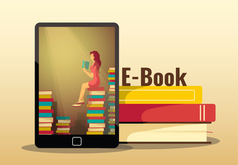 Poster design for bookstore, book lovers, e-book reader. Electronic reader and pile of books. Vector illustration for poster, banner, brochure, cover.