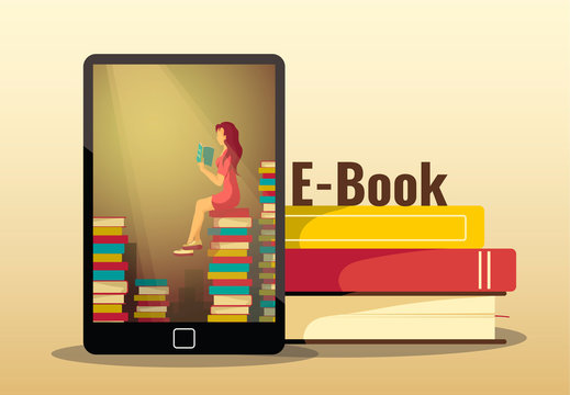Poster design for bookstore, book lovers, e-book reader. Electronic reader and pile of books. Vector illustration for poster, banner, brochure, cover.