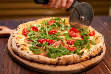 pizza with ham and mushrooms