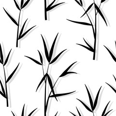 Seamless square ornamental pattern with black bamboo leaves and sprouts branches in Japanese style, white background. Vector eps 10 illustration