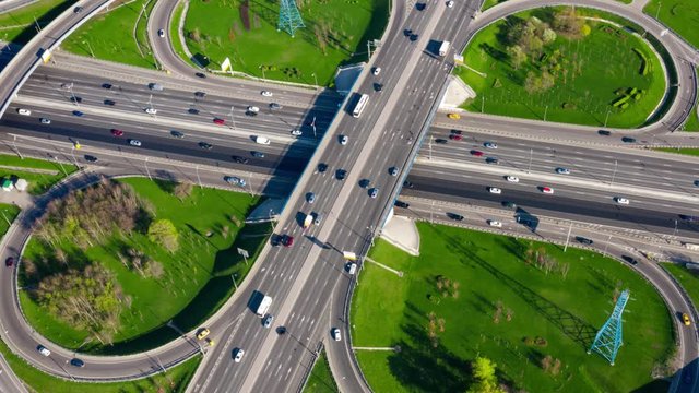 Timelapse Aerial view of a freeway intersection traffic trails in Moscow.