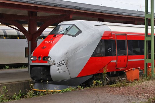 GOTHENBURG, SWEDEN - AUGUST 27, 2018: NSB train (currently under Vy brand) in Gothenburg Central Station. Gothenburg is the 2nd busiest train station in Sweden with 27 million annual passengers.