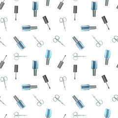 Watercolor seamless pattern with nail polish and tools. Hand drawn illustration.
